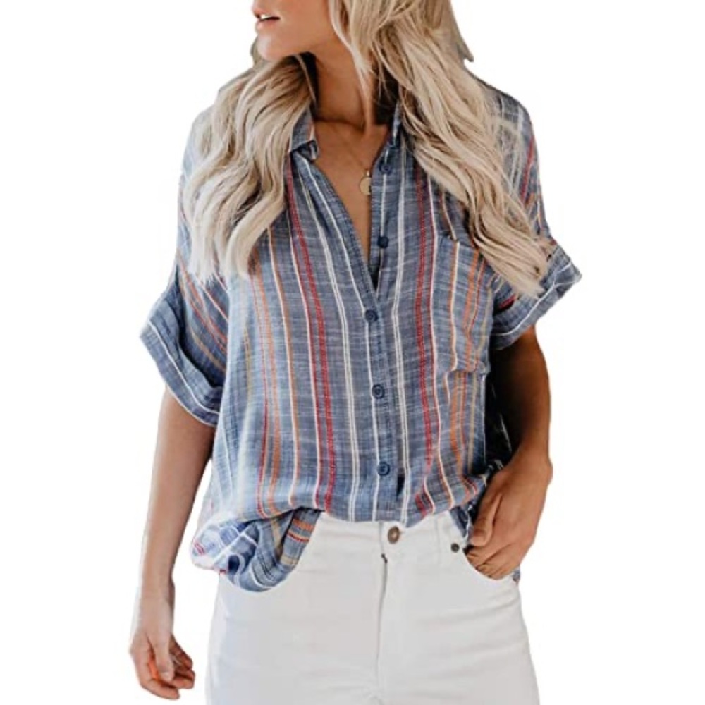 Striped Button Down Short Sleeve Top